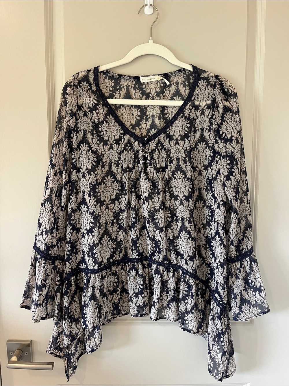 Blu Pepper Navy and White Boho V-Neck Ruffle Tunic